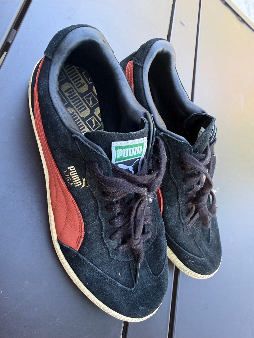 VTG Puma Liga Low Top Black Suede Red Formstrip Retro Shoes